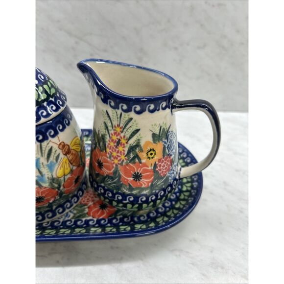 Unikat Polish Pottery Floral Creamer Pitcher And Honey Jar On Serving Tray - Picture 3 of 11